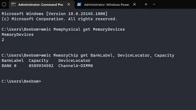 دستور «wmic MemoryChip get BankLabel, DeviceLocator, Capacity»